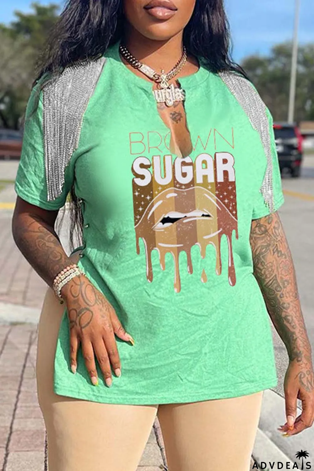 Grey Casual Print Tassel Patchwork V Neck T-Shirts