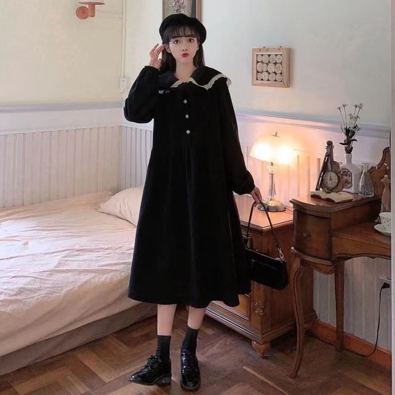 Autumn Winter Women's Turndown Collar New Button Fashion Fake Two Piece Waist Long Sleeved Slimming Printing Pullover Dresses
