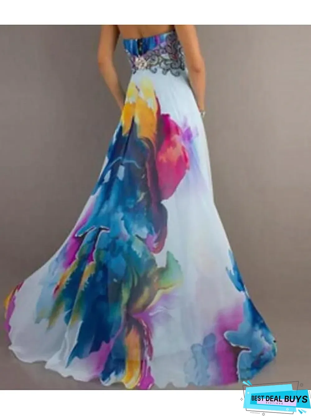 Women's Maxi White Dress Sexy Summer Vacation Beach Chiffon Swing Floral Strapless Print High Waist