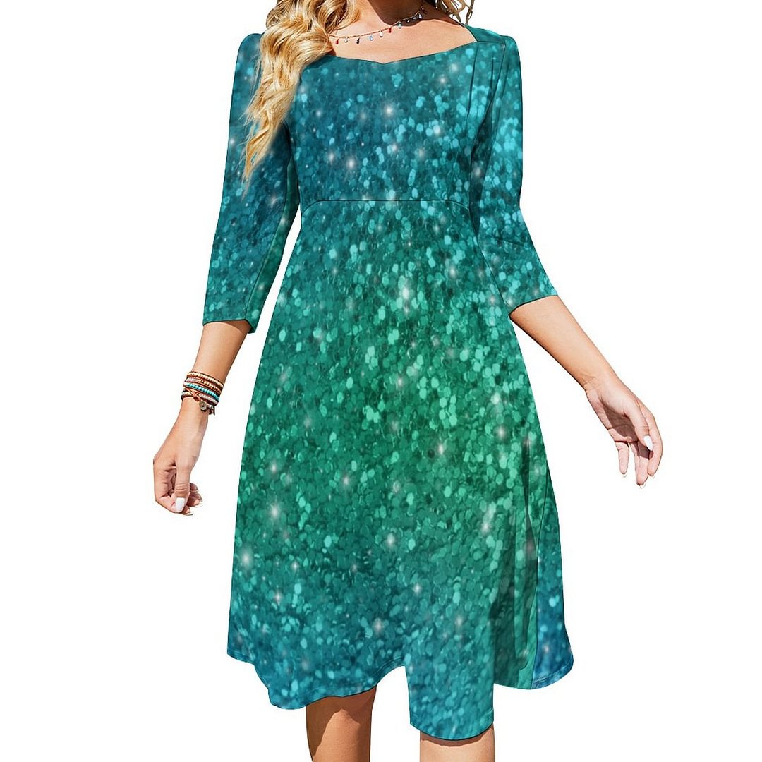 Sparkle Glitter Mermaid Blue Green Dress Sweetheart Tie Back Flared 3/4 Sleeve Midi Dresses