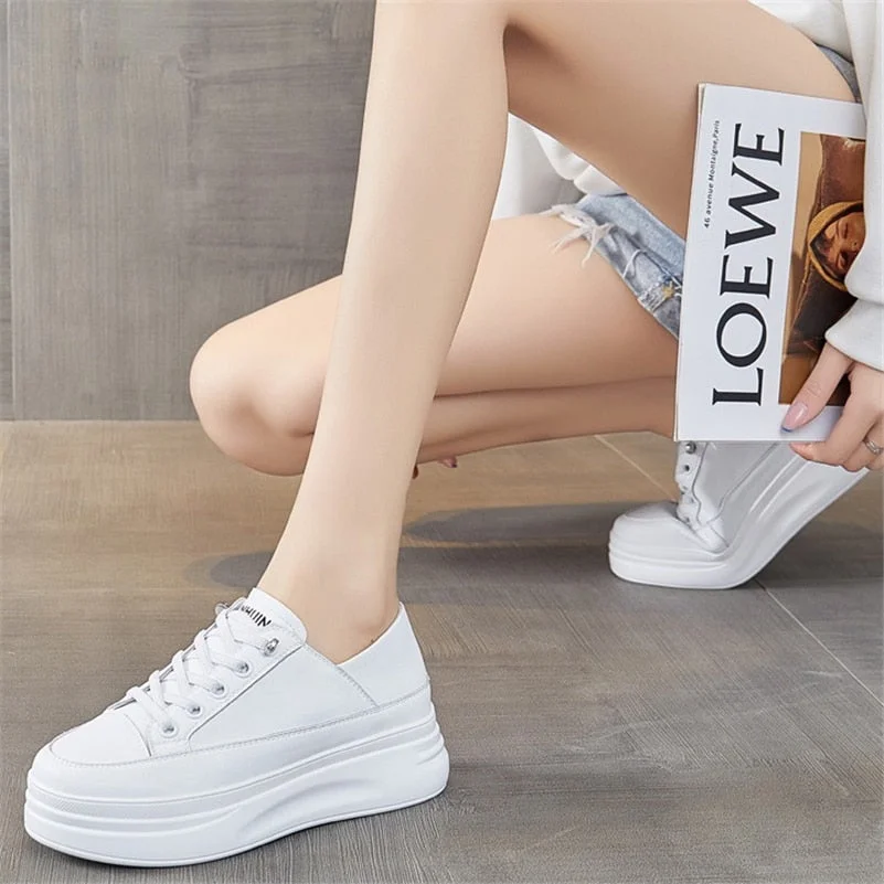 Meotina Sneakers Women Shoes Genuine Leather Flats Platform Shoes Round Toe Causal Lace Up Shoes Female  Autumn Black White