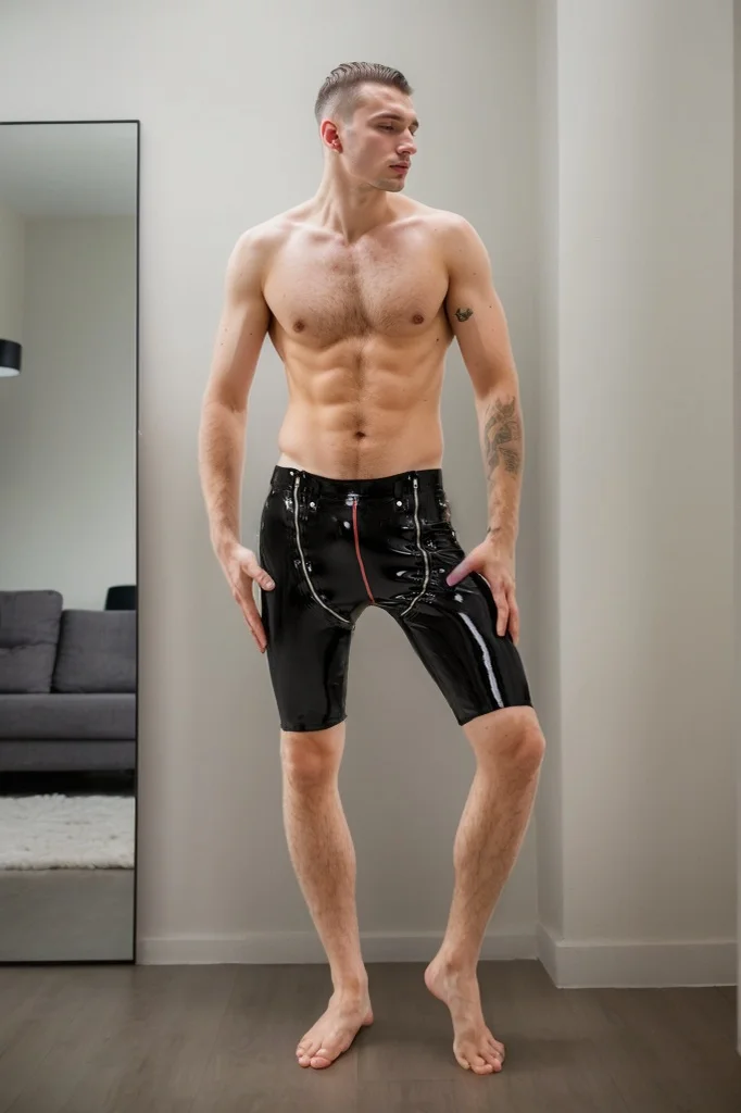 Men's Black & Red Latex Shorts Male Convertible Bermuda Style Shorts Crotch Zipper Opens