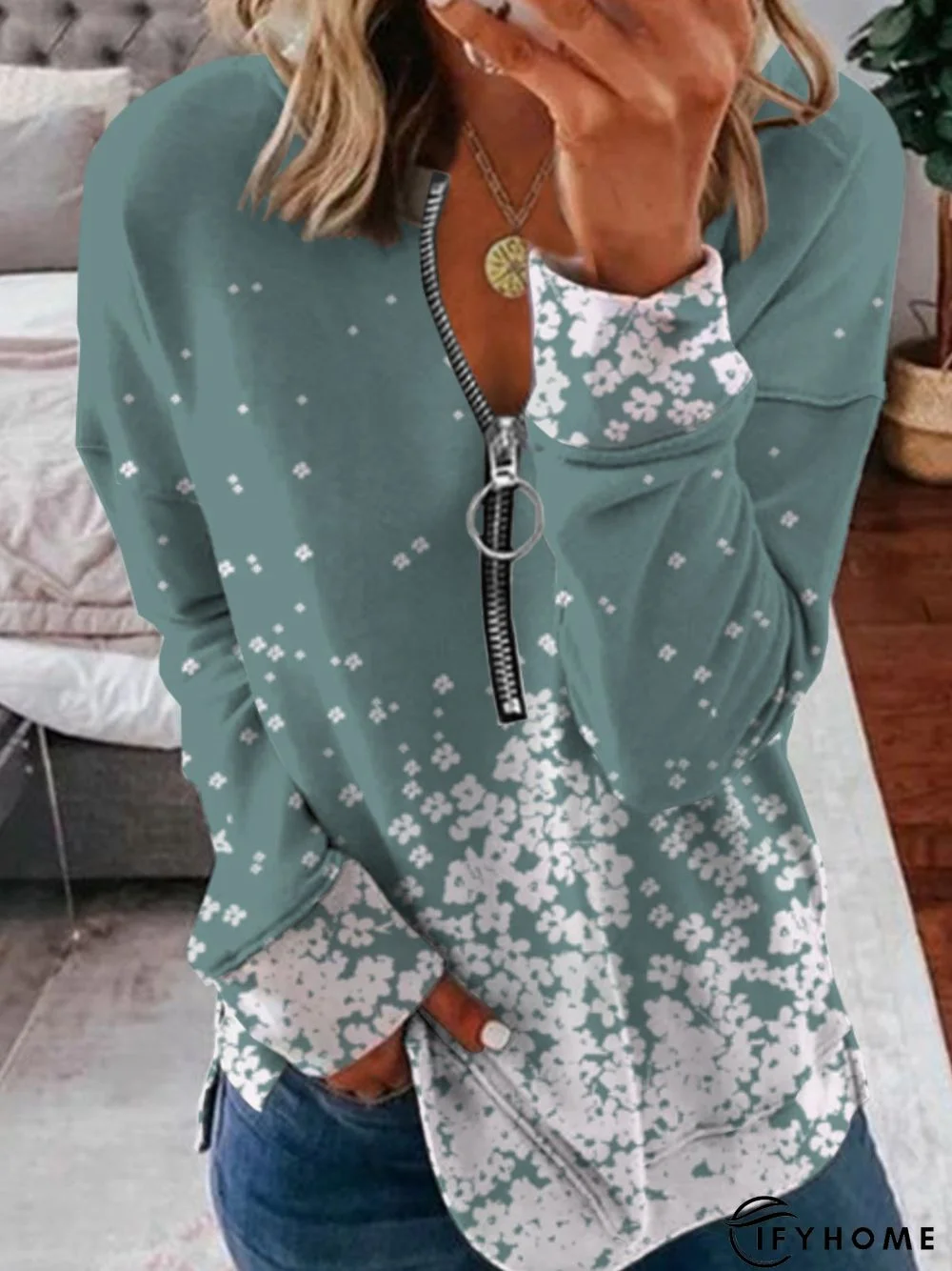 Casual Long Sleeve V Neck Printed Tunic Top Sweatshirt | IFYHOME