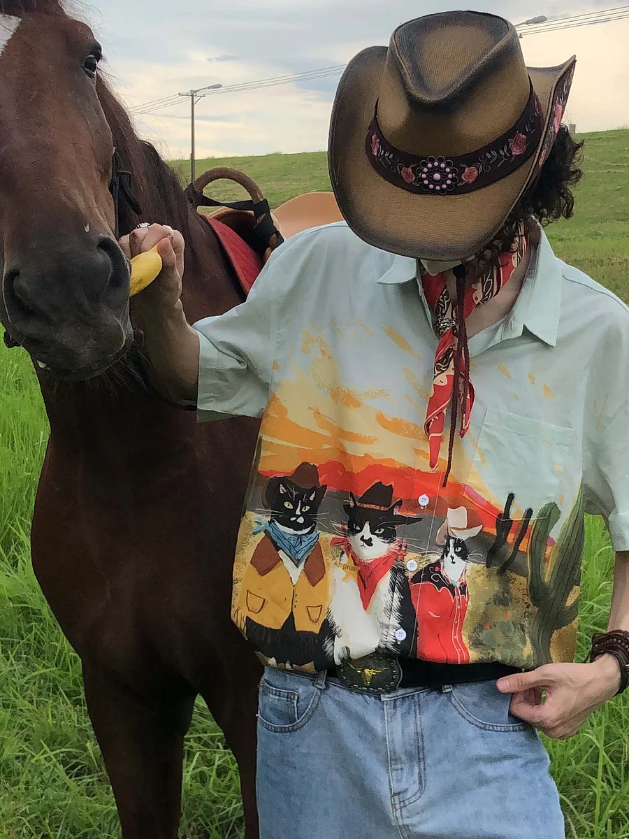 Men's Western Cat Cowboy printed 100% Cotton shirt