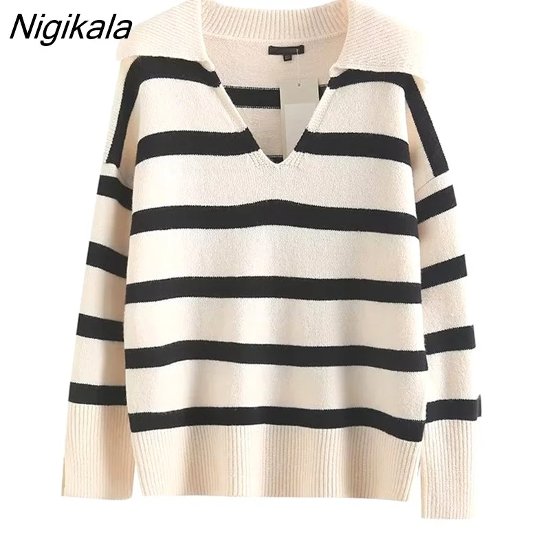 Nigikala Autumn Women Vintage Striped Lapel Knitted Sweater Jumper Female Casual Loose Pullovers Chic Tops
