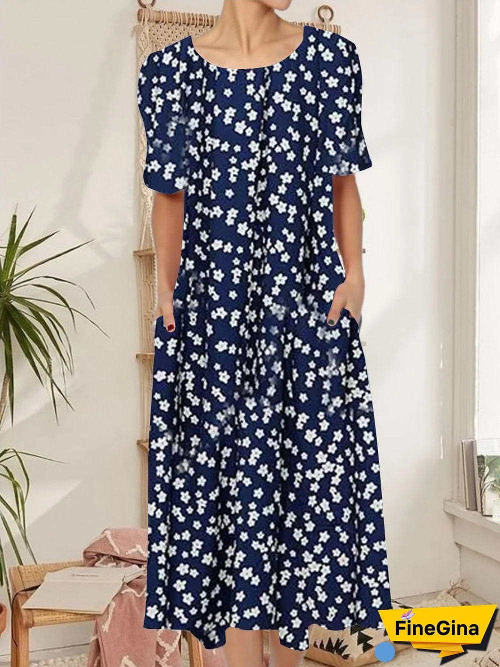 Women Short Sleeve Scoop Neck Floral Printed Midi Dress with Pockets