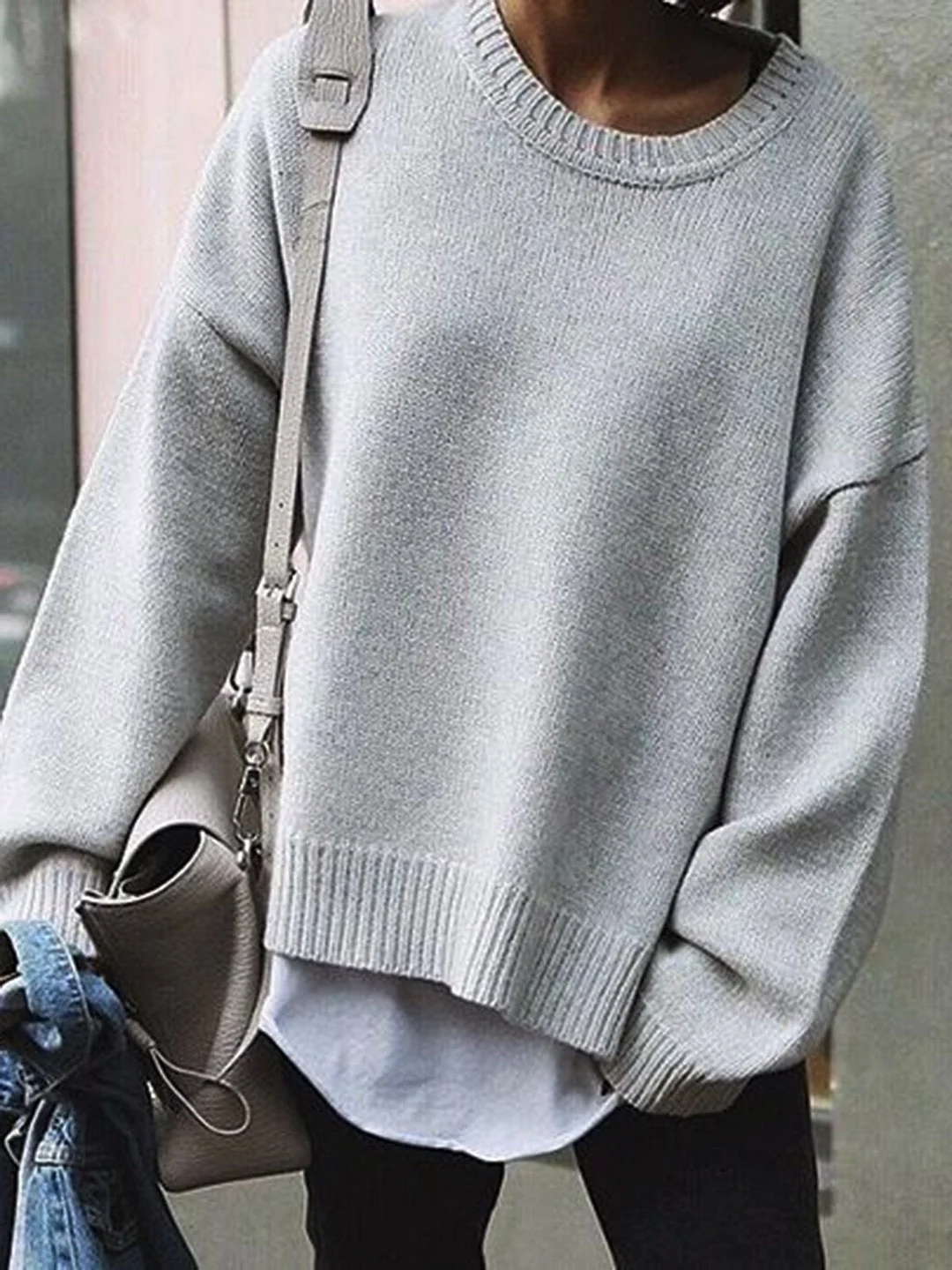 Gray Long Sleeve Cotton-Blend Crew Neck Sweater | EGEMISS
