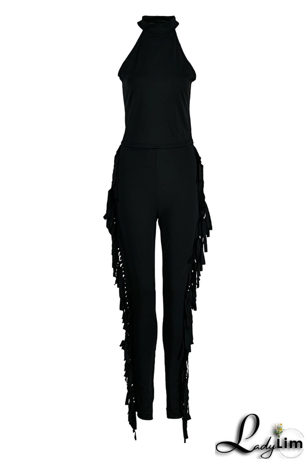 Black Fashion Casual Solid Tassel Patchwork O Neck Sleeveless Two Pieces