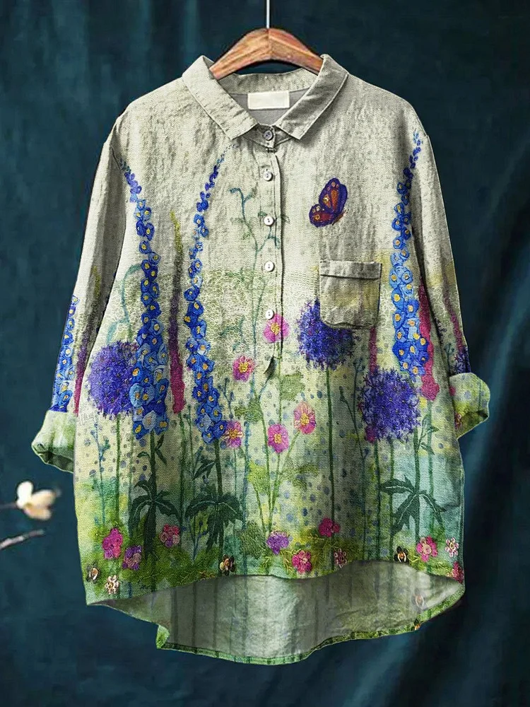 Womens Vintage Flower Art Print Casual Cotton And Linen Shirt