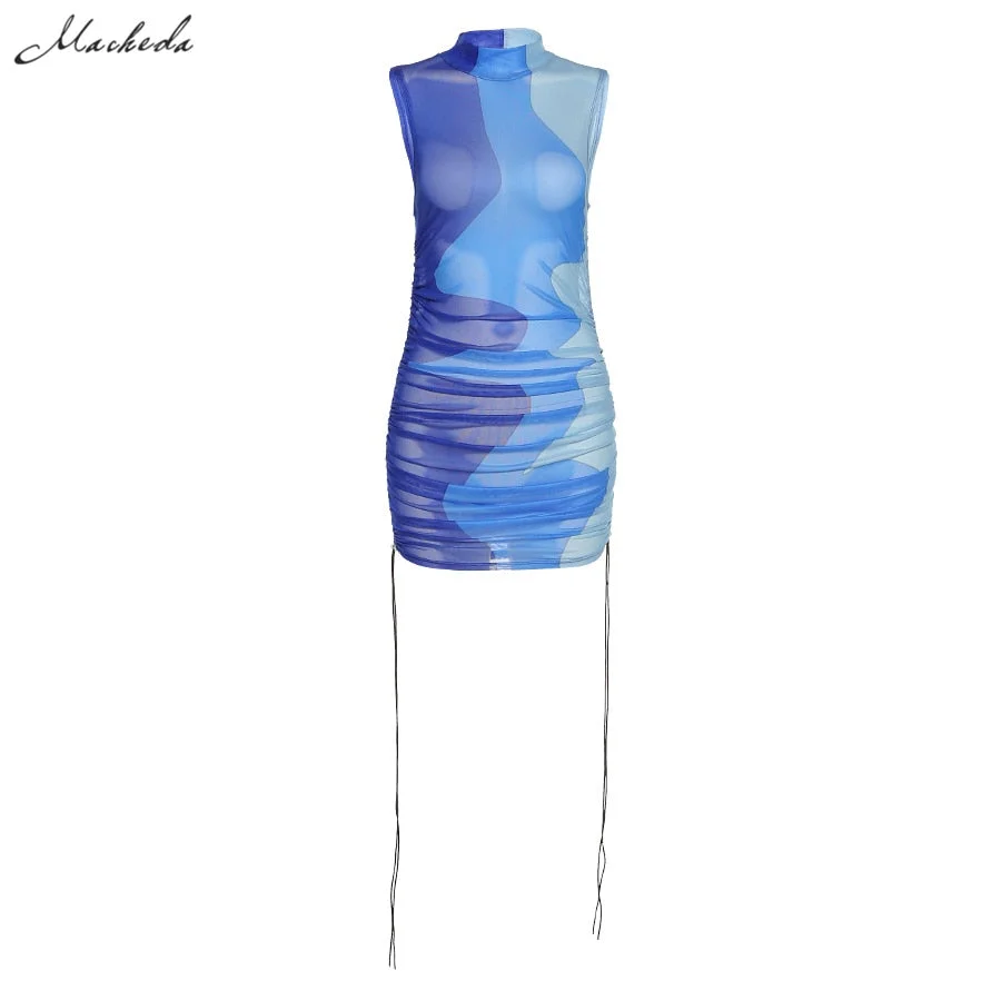 Macheda Spring Sexy Mesh See Through Slim Dress Women Fashion Printing Turtleneck Sleeveless Clothing Lady Bodycon Mini Dresses