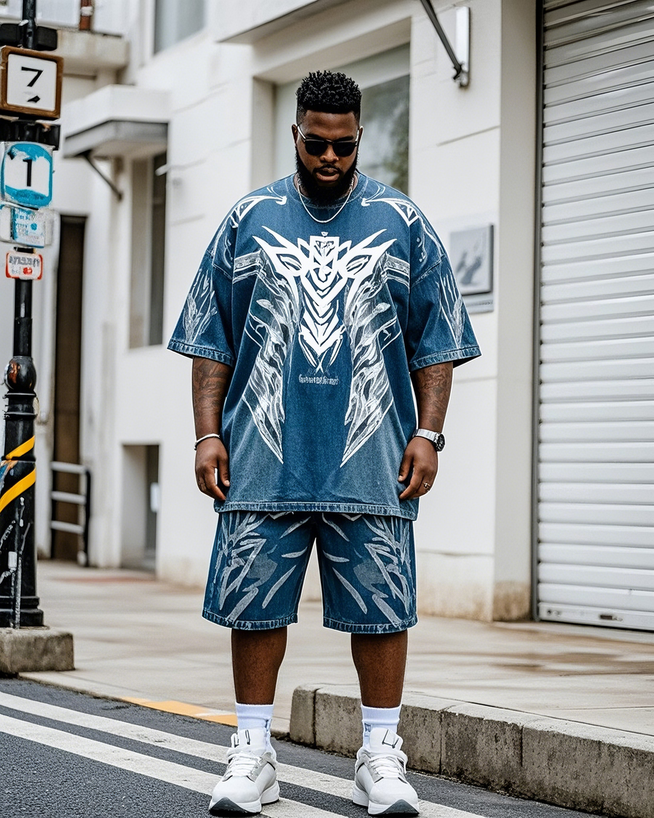 Big Boy Cool White Three-Dimensional Printed Short-Sleeved T-Shirt Shorts Denim Suit