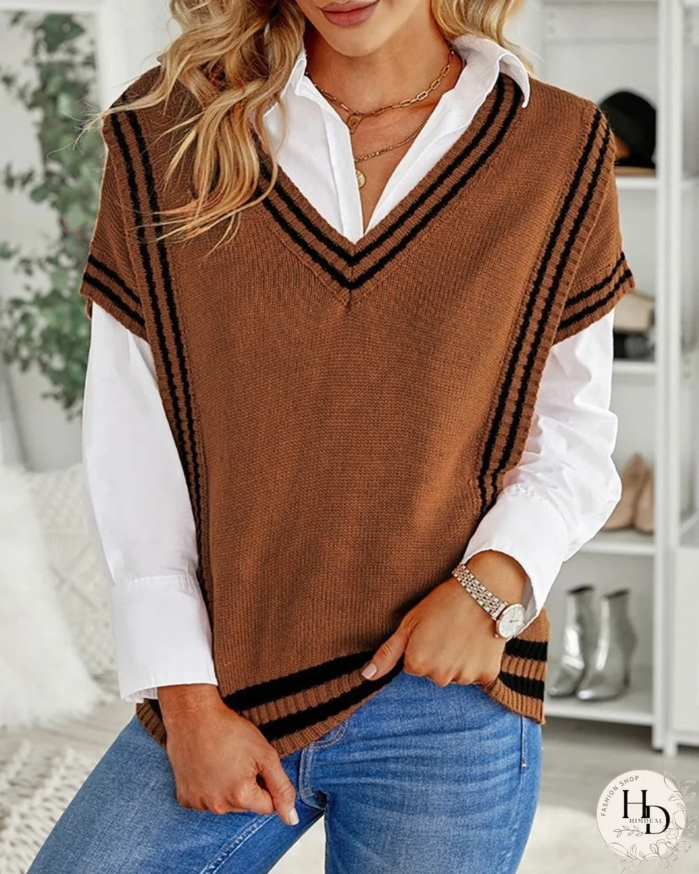 Striped Pattern V-Neck Short Sleeve Sweater