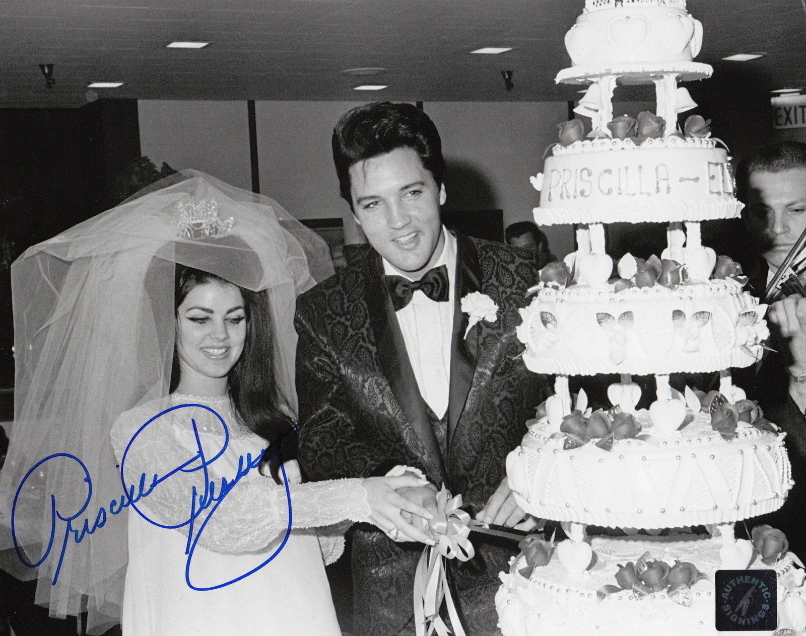 Priscilla Presley Autographed w/ Elvis Cake Wedding 11x14 B&W Photo Poster painting ASI Proof