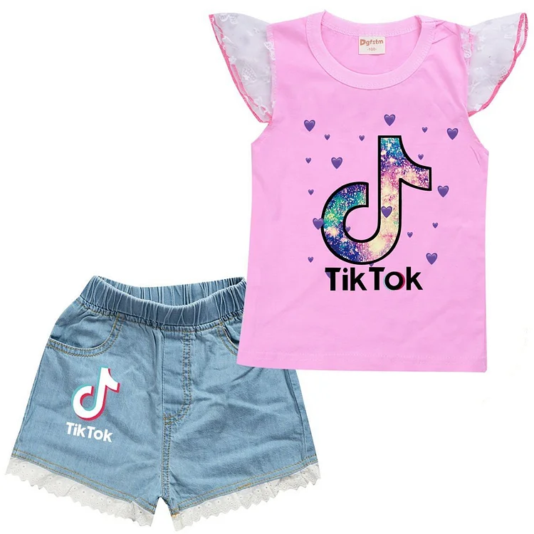 Tik Tok Print Girls Ruffle Shoulder T Shirt And Jeans Shorts Suit Set-Mayoulove