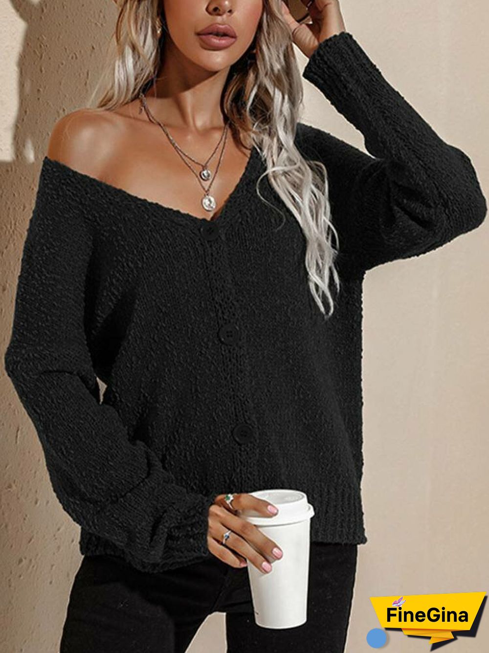 V-neck Long Sleeve Button Women Solid Knitted Cardigan