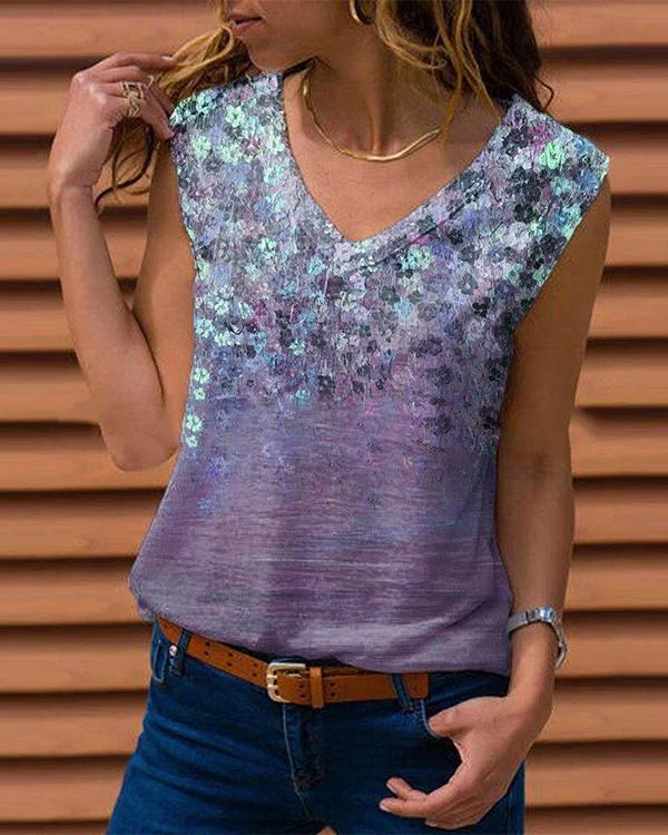 Women Cotton Casual Floral Printed V Neck Shift Tank Top