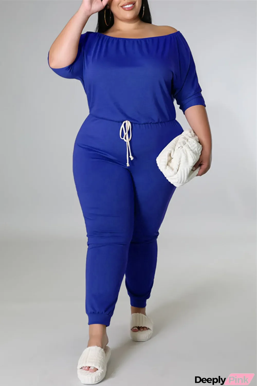Blue Fashion Casual Solid Basic O Neck Plus Size Two Pieces