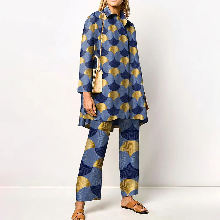 Lapel Geometric Wave Contrast Two Piece Set