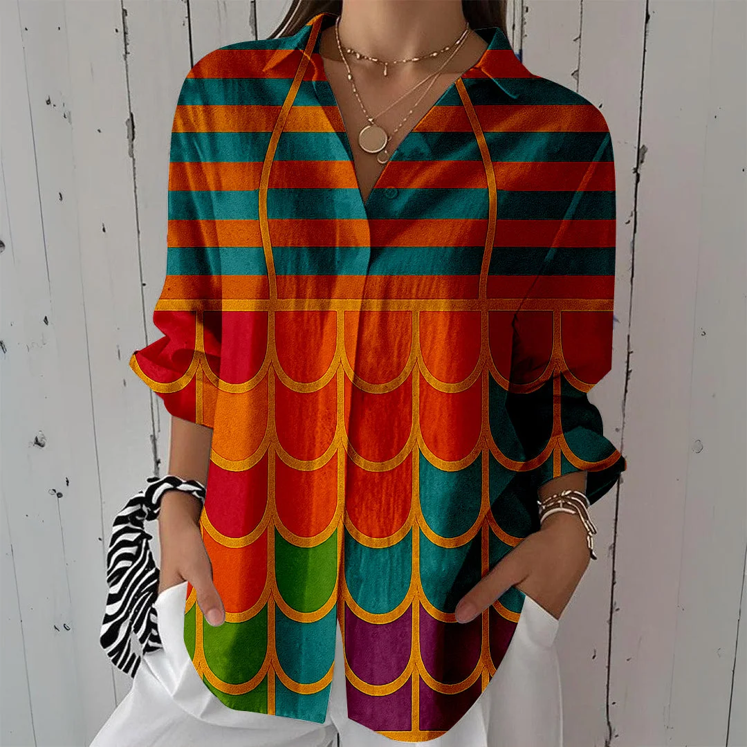 Style & Comfort for Mature Women Women Patchwork,  Colorful,  Orange,  Blue DZCL0439 3/4 Sleeve Shirt Collar Printed Button Tops