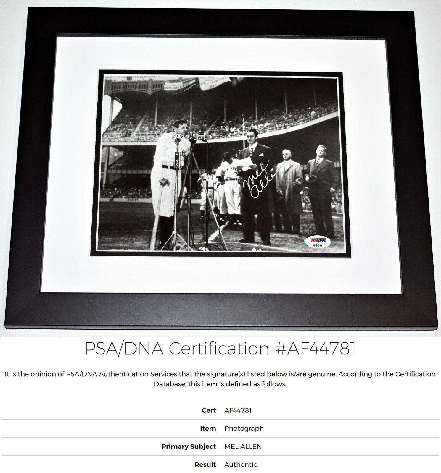 Mel Allen Signed Autographed NY Yankees 8x10 Photo Poster painting FRAMED + PSA/DNA Sticker only