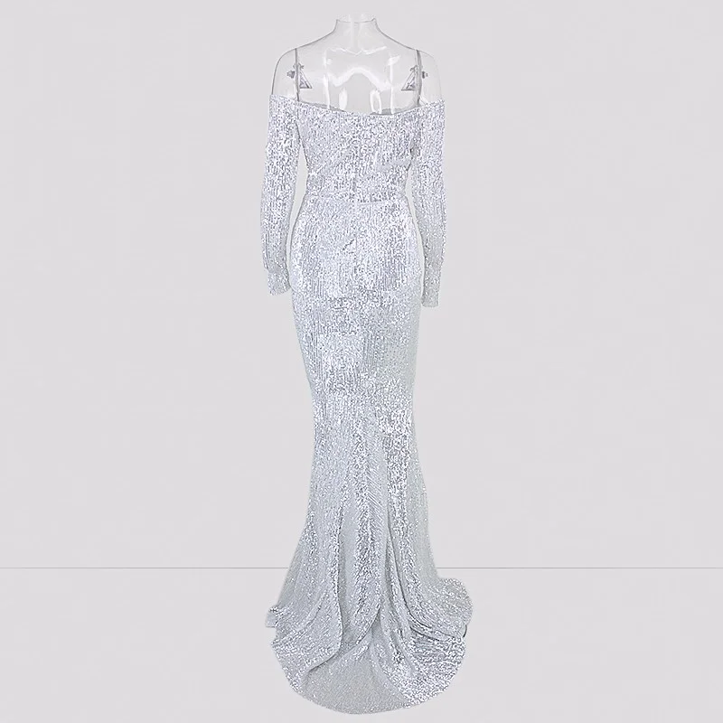 Glamorous Long Sleeve Off-the-Shoulder Sequins Evening Gowns Mermaid ...