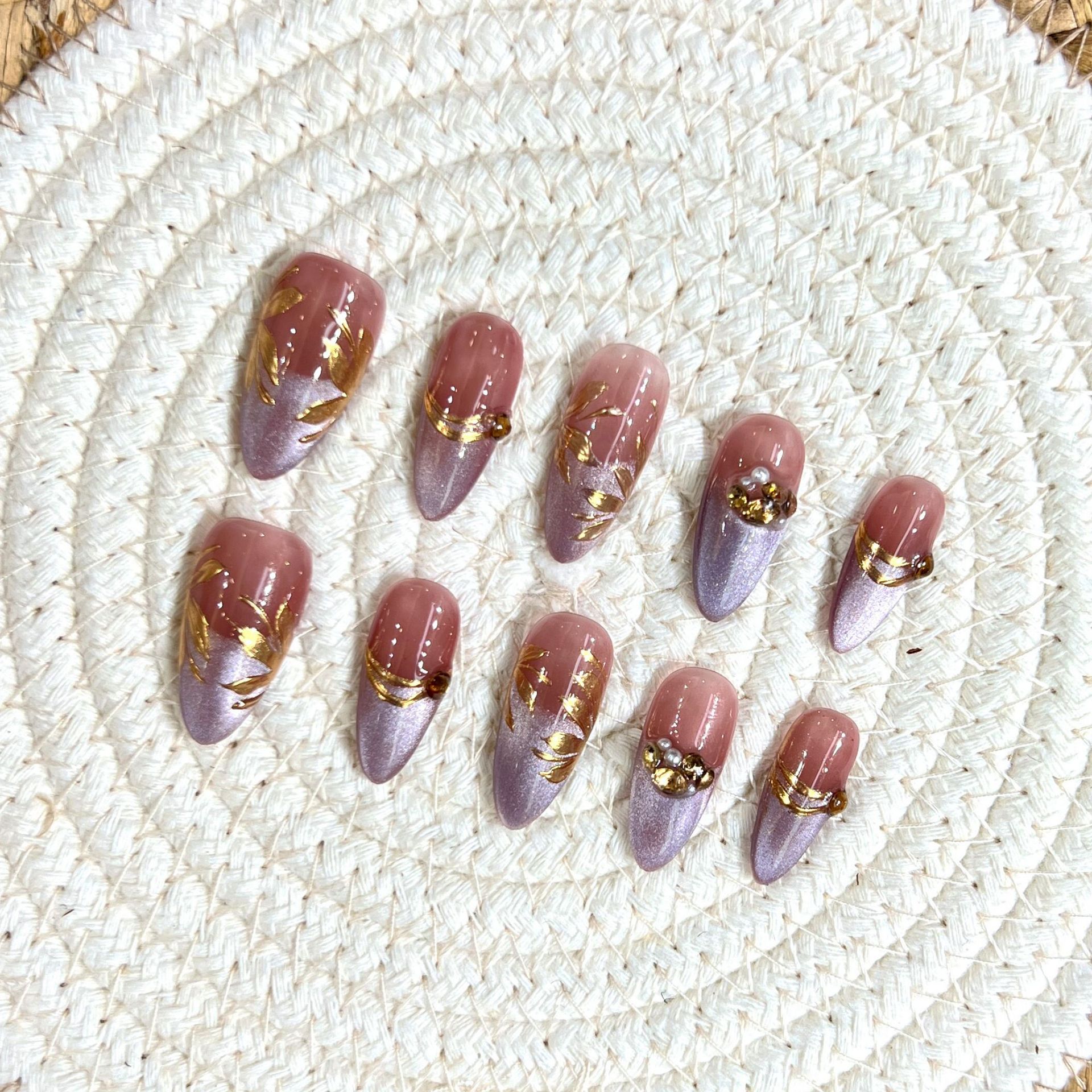 Cat Eye French Hand-Painted Floral Luxurious Sparkle Nails