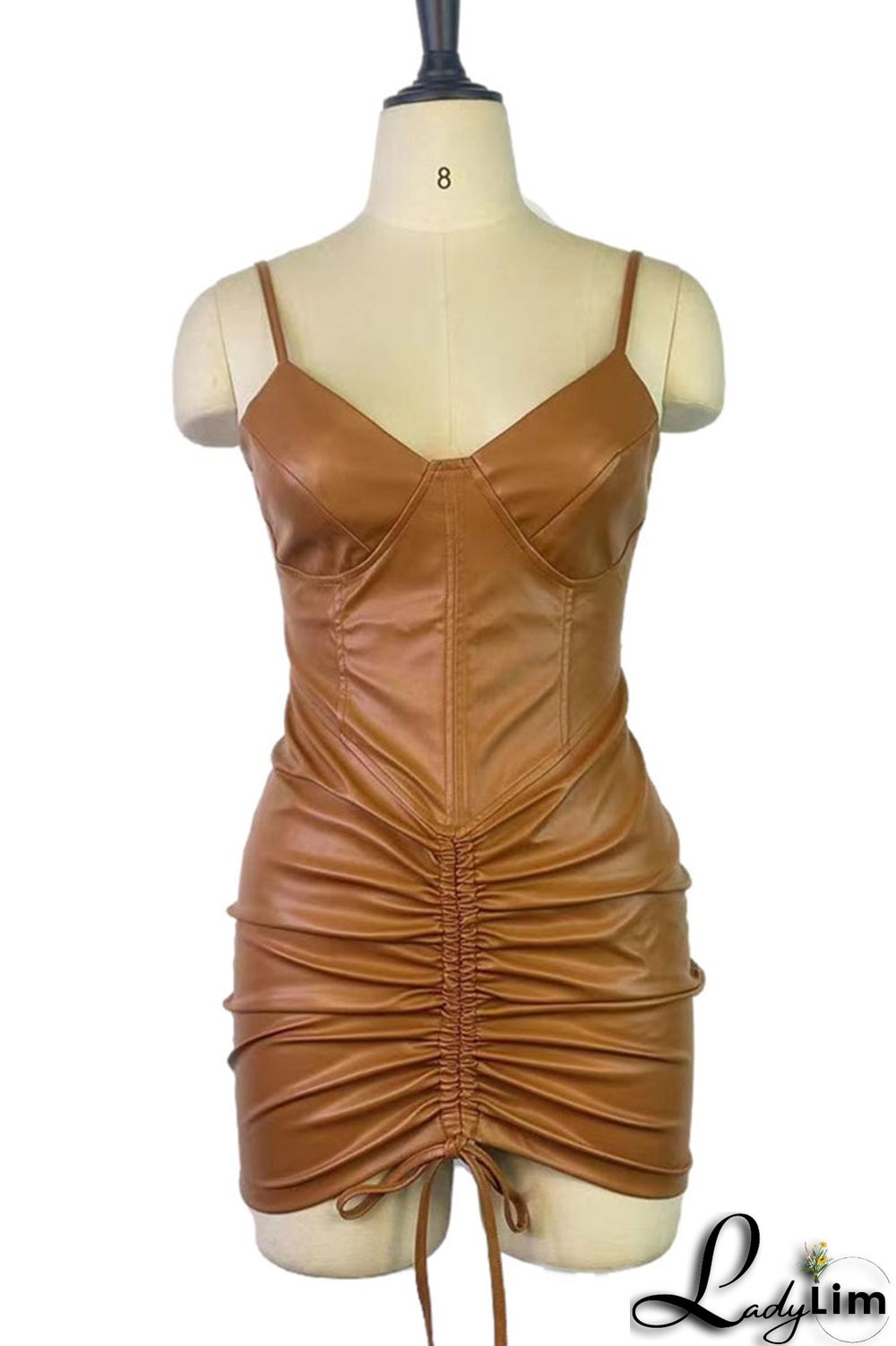 Dark Khaki Sexy Solid Patchwork Draw String Fold Spaghetti Strap One Step Skirt Dresses