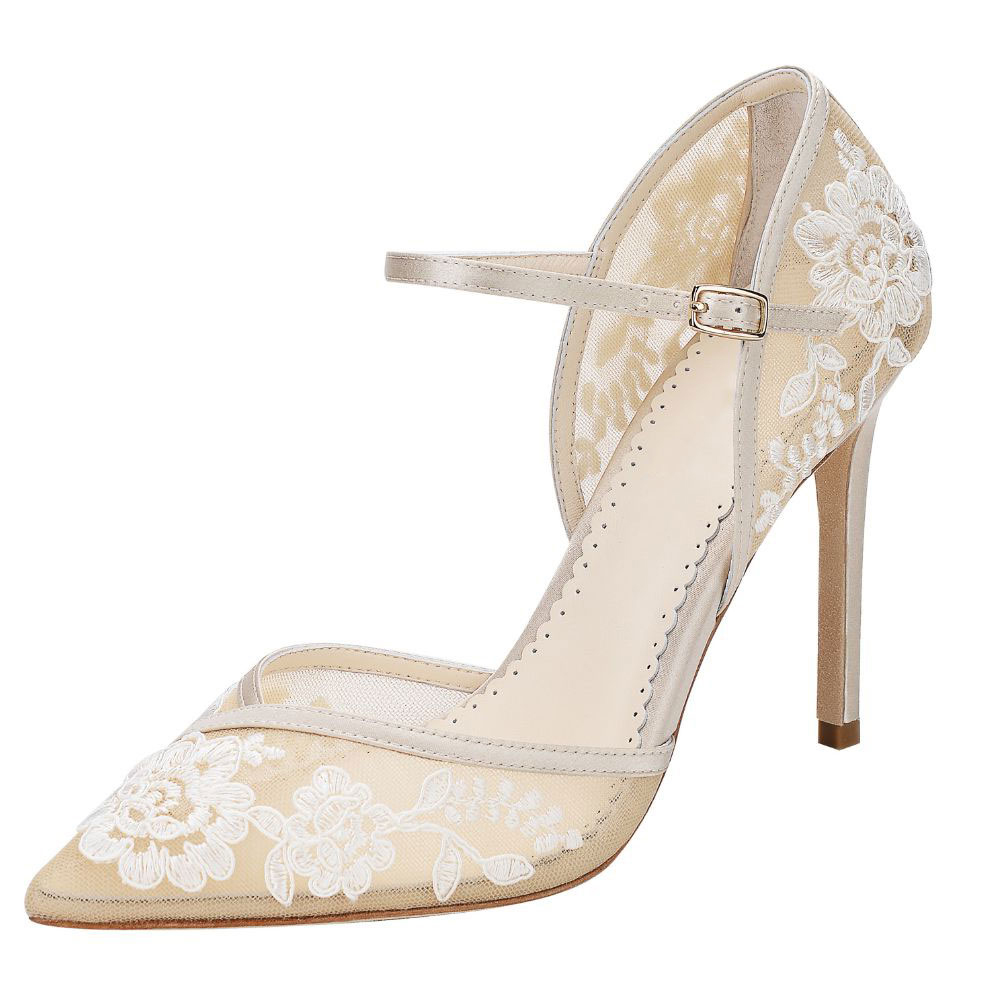 Nude Satin & Lace Pointed Toe 4'' Stiletto Heel Ankle Strap Pumps Nicepairs