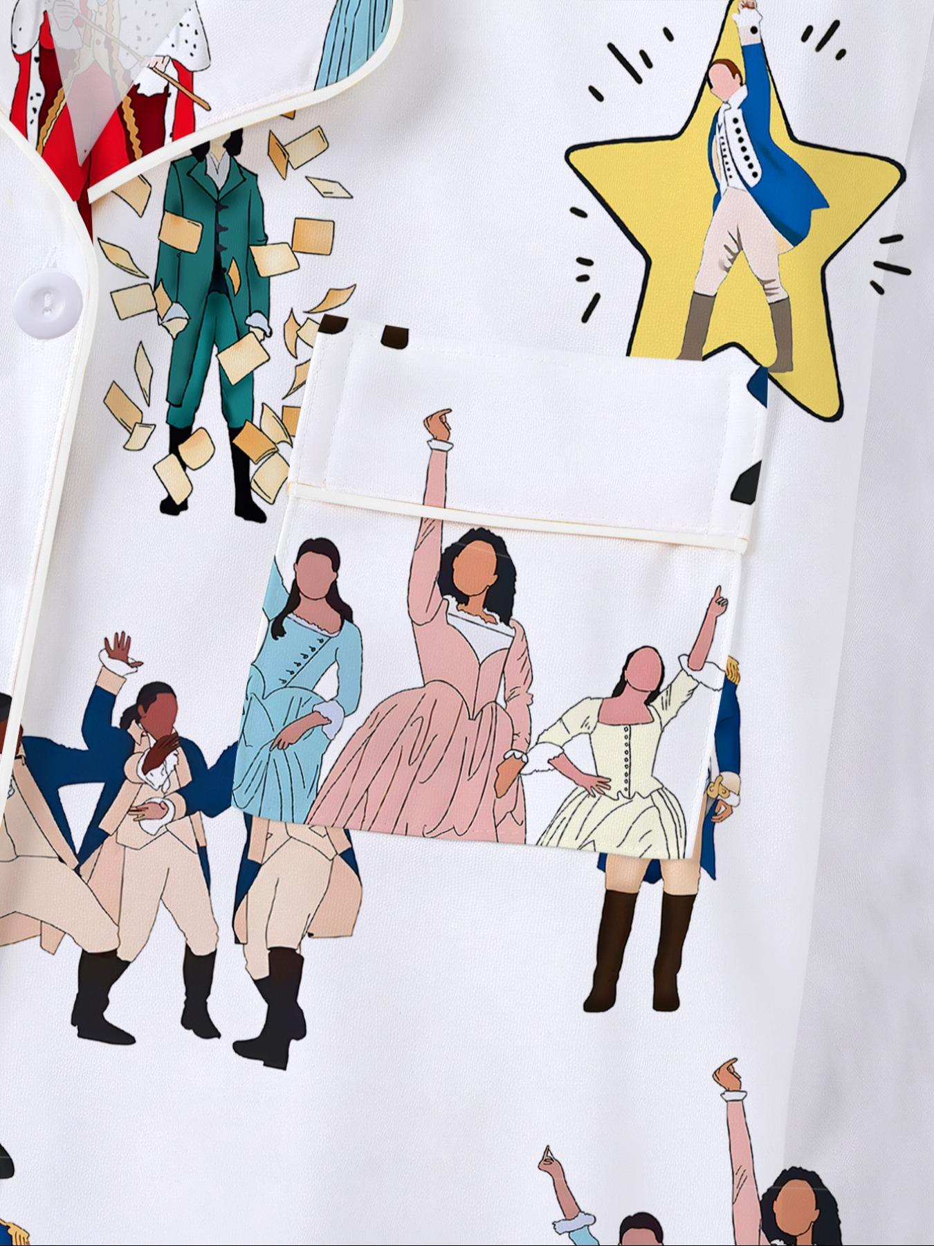 Hamilton Musical Print Women's Pajama Set, Long Sleeve Shirt Collar Button Soft Top & Elastic Pants, Casual Home Wear Loungewear Homewear