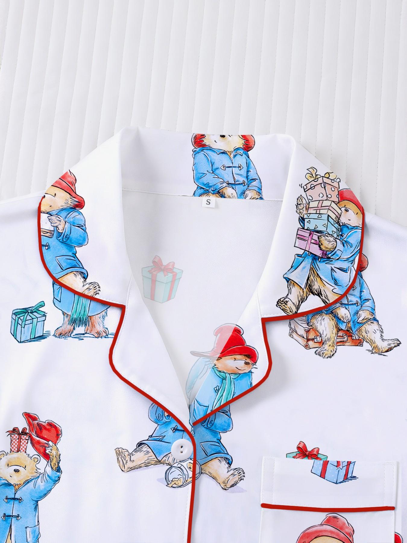 Women's Cute Bear Print Sleepwear Set, Short Sleeve Lapel Shirt & Loose Elastic Shorts, Casual All-Season Home Wear