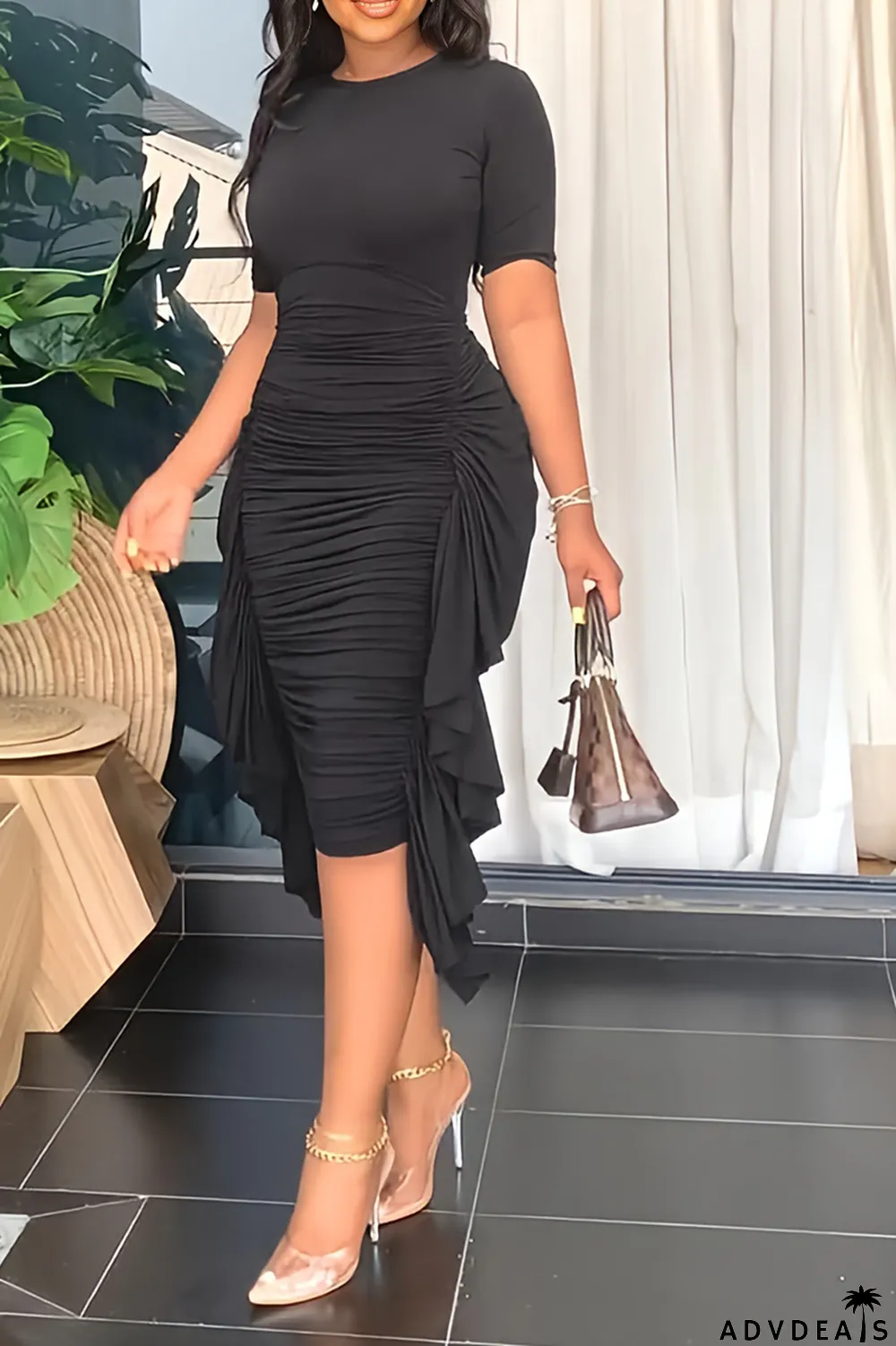 Brown Fashion Solid Flounce Fold O Neck Pencil Skirt Dresses