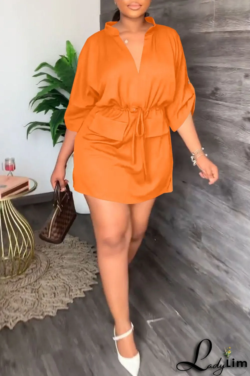 Tangerine Casual Solid Patchwork Draw String V Neck Straight Dresses