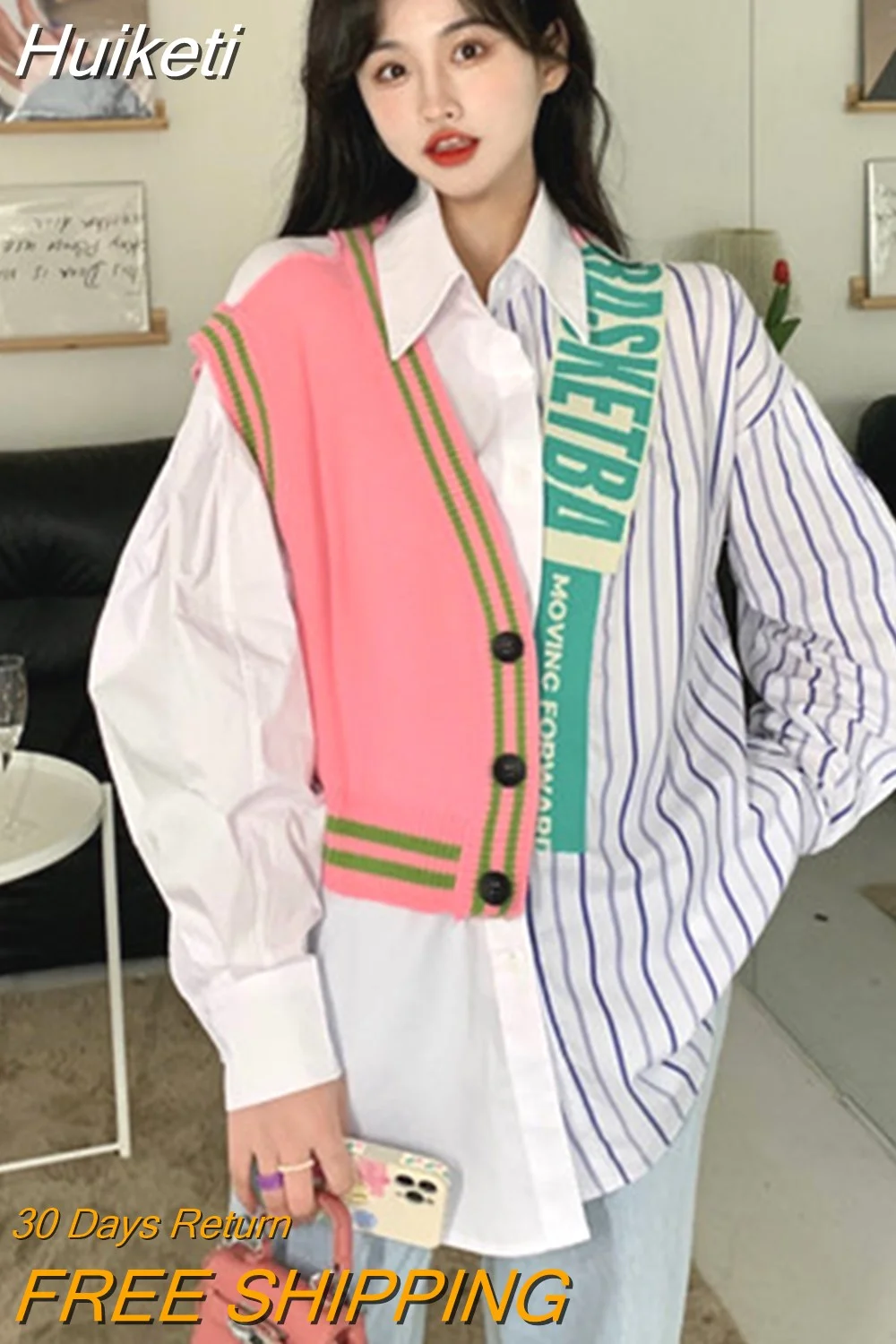 Huiketi Patchwork Striped Shirts Women Korean Spring Autumn Casual Streetwear Long Sleeve Fake Two Piece Blouses Female