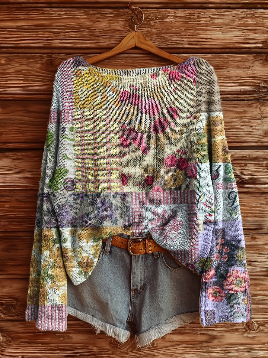 Women's Vintage Floral Collage Art Print Casual Pullover Sweater