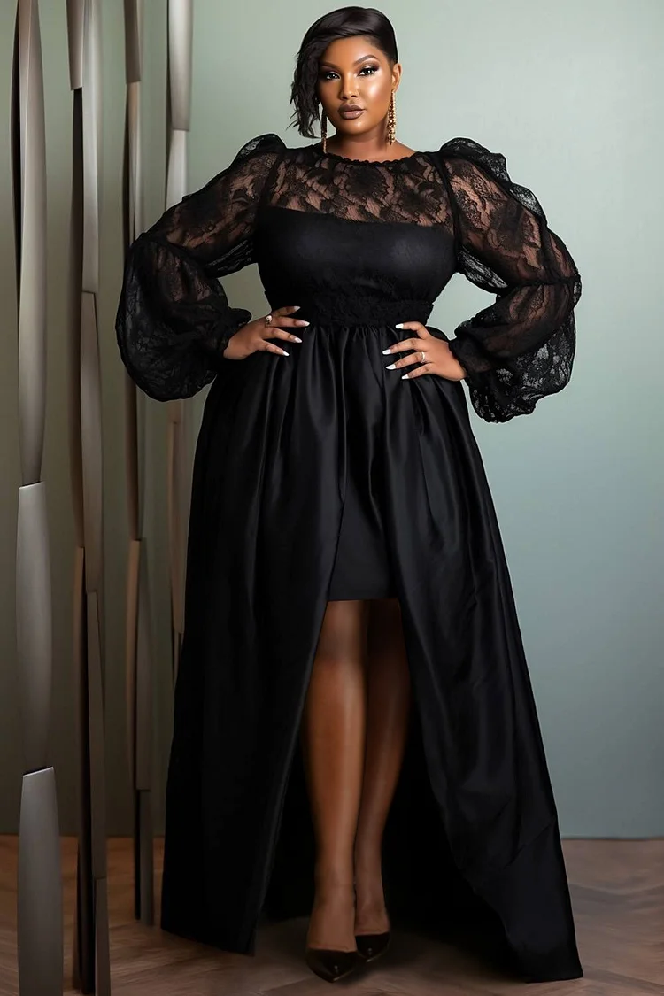 Xpluswear Design Plus Size Wedding Guest Black Round Neck Lantern Sleeve Long Sleeve Split See Through Satin Maxi Dresses [Pre-Order]