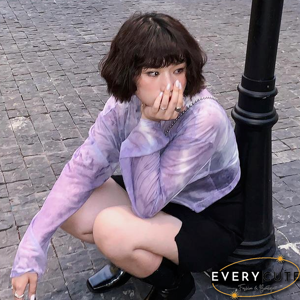 Long Sleeve T-Shirts Women Tie Dye Cropped Translucent Loose College Sun-Proof Fashion Summer Thin Tops Design All-Match Mujer