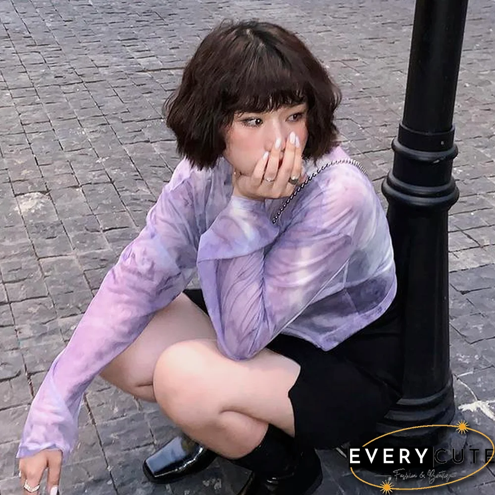 Long Sleeve T-Shirts Women Tie Dye Cropped Translucent Loose College Sun-Proof Fashion Summer Thin Tops Design All-Match Mujer