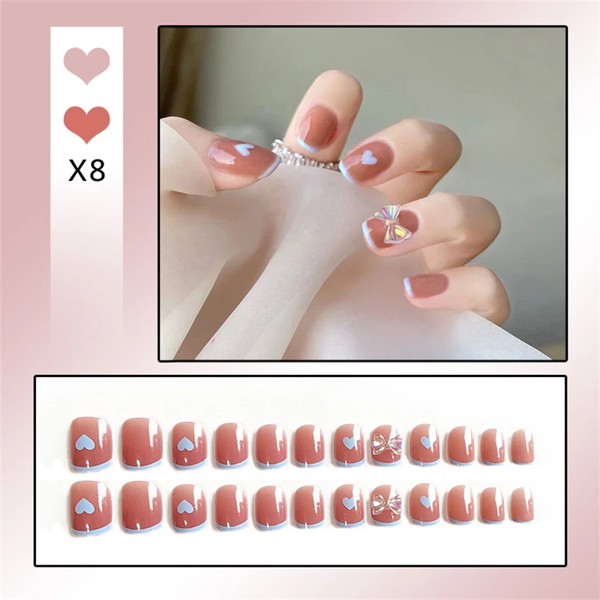 Bayuyun 24Pcs/Set Coffee Leopard French Fake Nails with Diamonds Japan Korean Artificial Acrylic Press on Nails Removable Stick on Nails