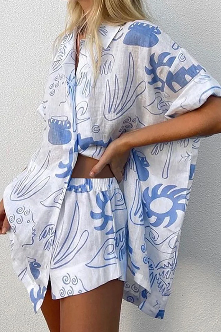 Doodle Printed Short Sleeve Button Blouse Casual Shorts Matching Set
