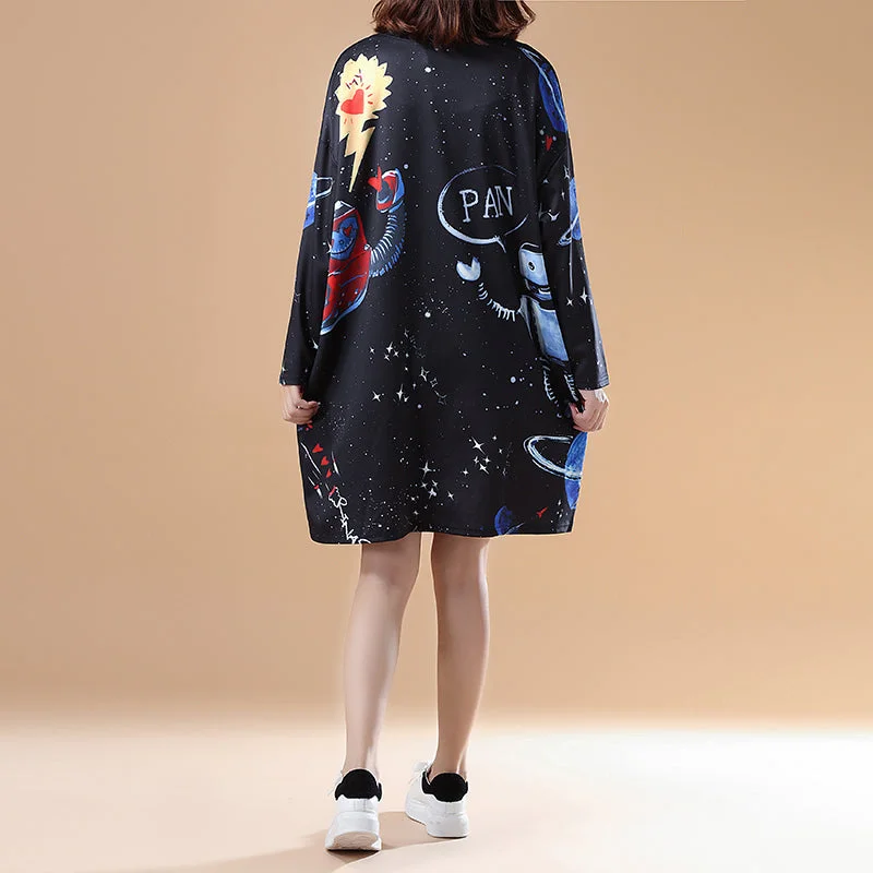 cartoon print 2021 fall black cotton casual dresses plus size long sleeve fashion shift dress