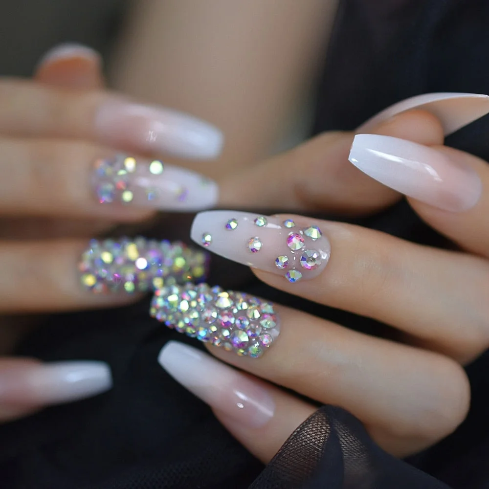 Salon Perfect Artificial Nails 3D Rhinestones Decorative White Nude Faux Ongles Long Ballerina Trapezoid Tips-Nail Inspo