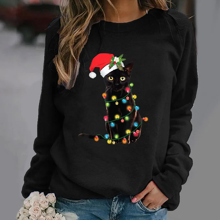 Women's Christmas Top Cute Cat Print Crew Neck Long Sleeve Casual T-Shirt