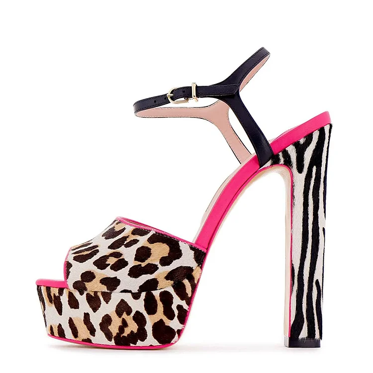 Leopard Chunky Heel Peep Toe Platform Sandals Vdcoo