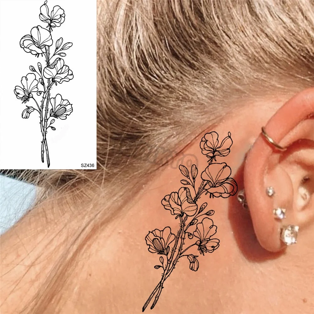 Black Florals Temporary Tattoos For Women Girls Watercolor Hummingbird Lavender Fake Tattoo Sticker Waterproof Arm Body Tatoos