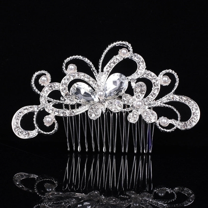 Bridal Crown Flower Alloy Plating Hollow Out Inlay Rhinestones Pearl Insert Comb 1 Piece