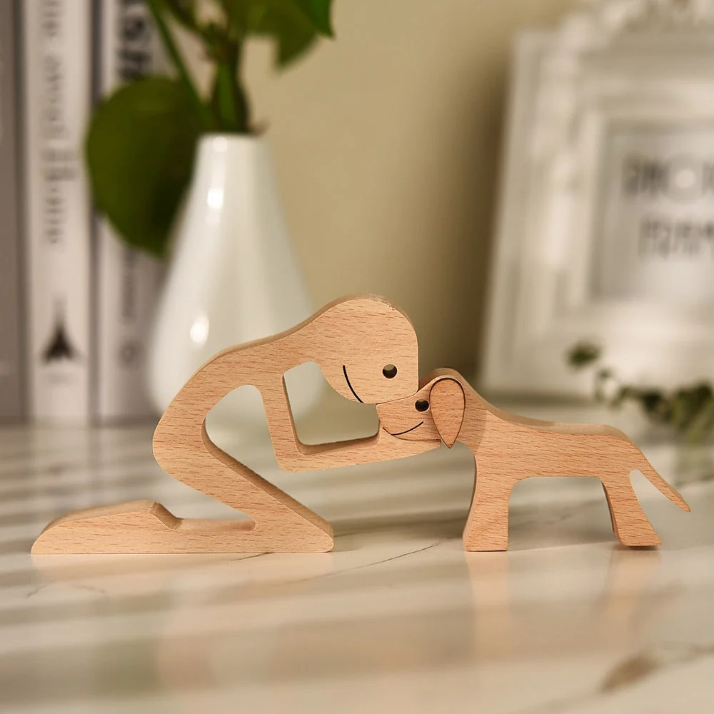 Family Puppy Wood Dog Craft Figurine Desktop Table Ornament Carving Model Creative Home Office Decoration Love Pet sculpture 515-1
