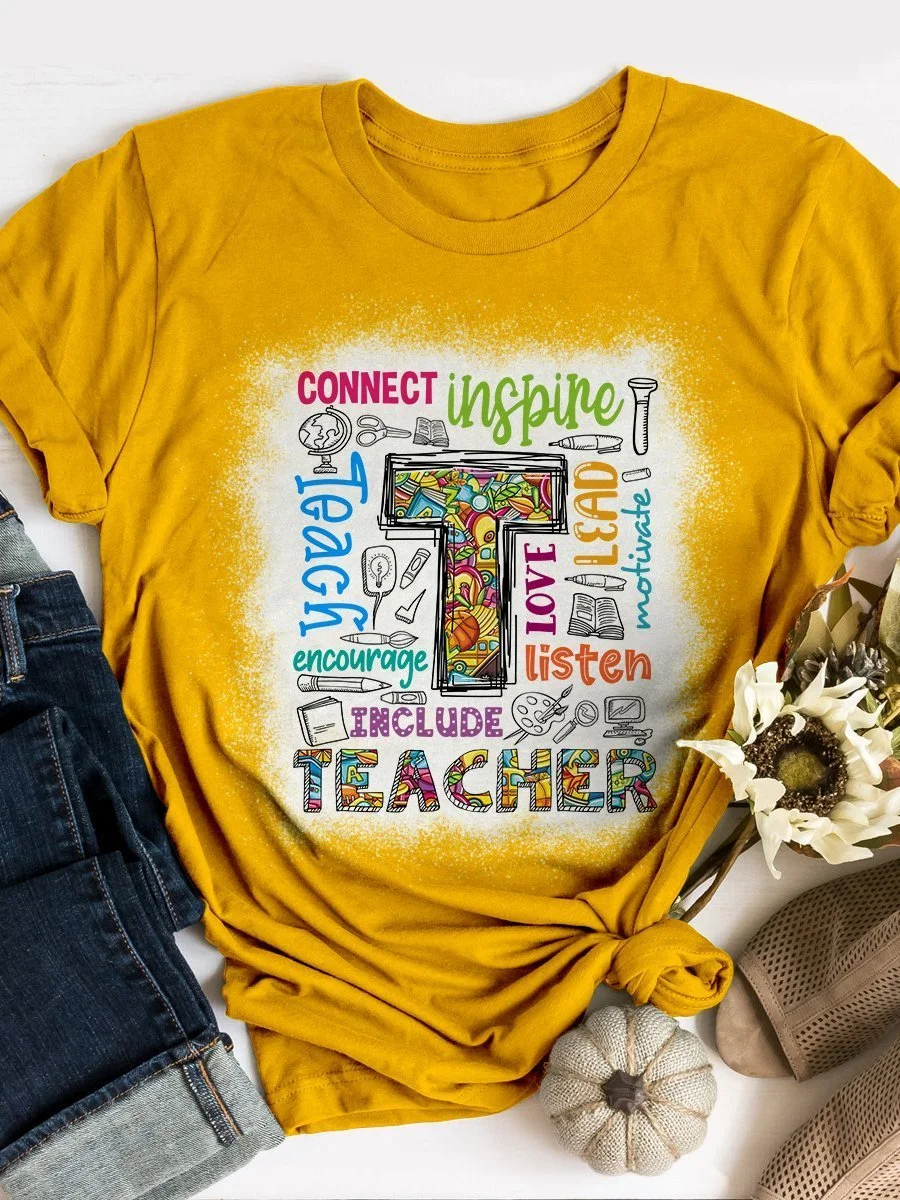 Teacher Colorful Print Short Sleeve T-shirt