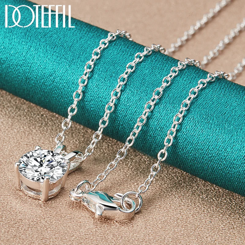 DOTEFFIL 925 Sterling Silver 8mm AAA Zircon Pendant Necklace 16/18/20/22/24/26/30 Inch Chain For Woman Man Jewelry