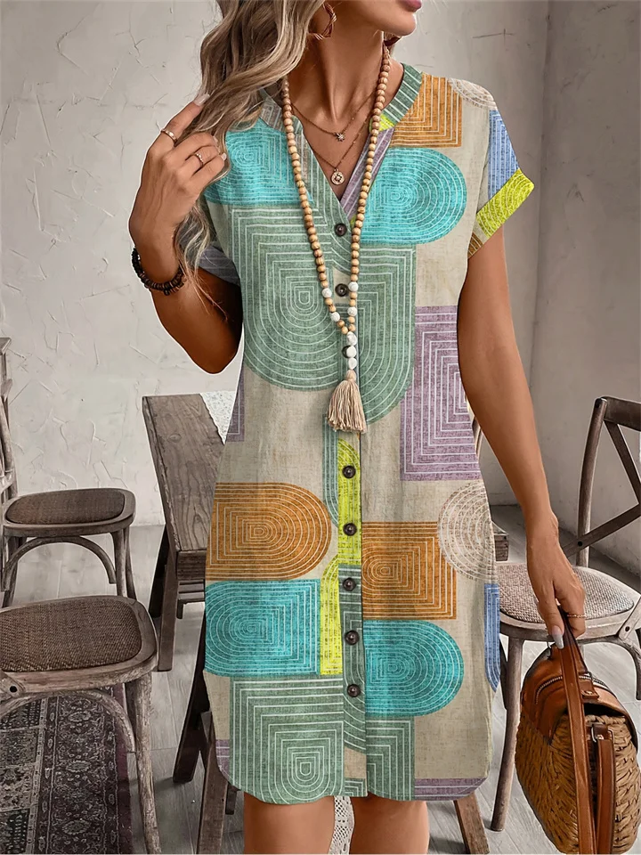 Summer Geometric Printing Elegant V-Neck Button Women's Short Sleeve Dresses