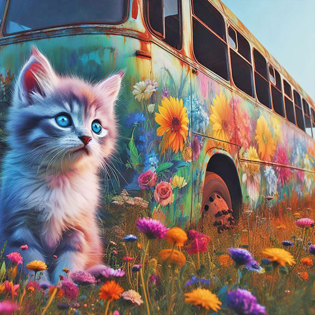 Cat And Bus 40*40CM (Canvas) Full Round Drill Diamond Painting gbfke